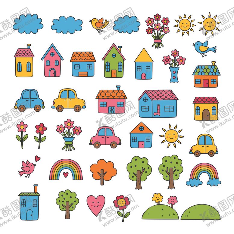 编号：87723712230137104900【酷图网】源文件下载-卡通风格房屋与景物