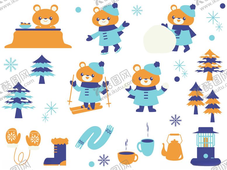 编号：14911510042240492005【酷图网】源文件下载-冬日小熊滑雪等趣味场景