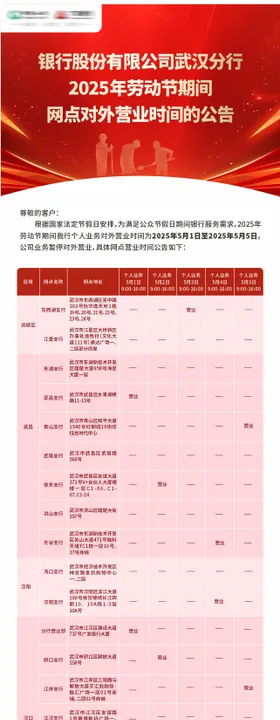五一劳动节银行放假通知公告表格长图海