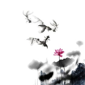 水墨画莲花池金鱼嬉戏