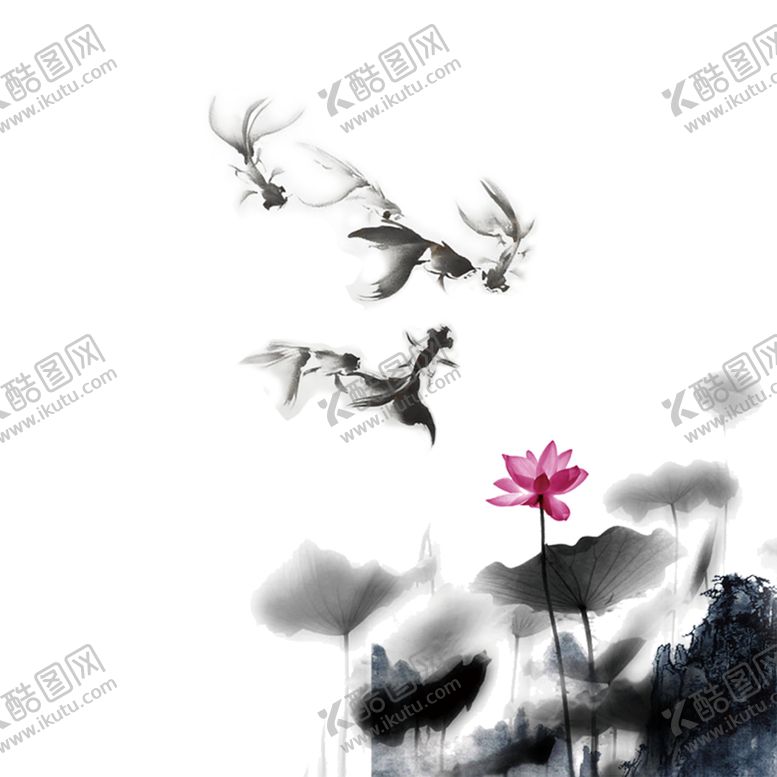 编号：73511010280327064573【酷图网】源文件下载-水墨画莲花池金鱼嬉戏