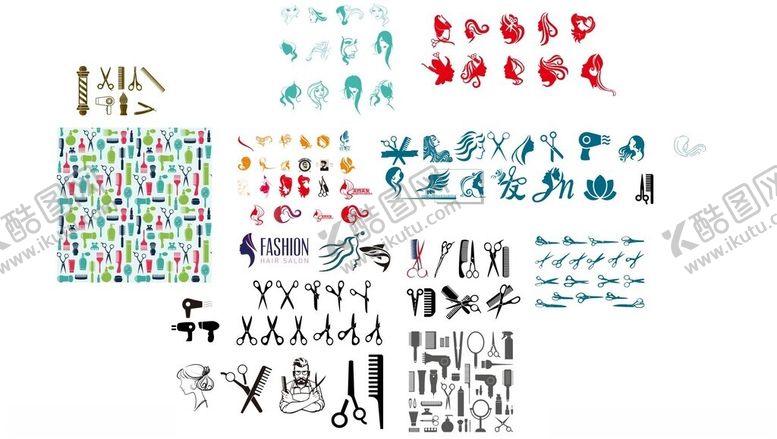 编号：10864802071134221831【酷图网】源文件下载-理发用品剪刀梳子吹风机