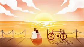 手绘插画大海天空风景