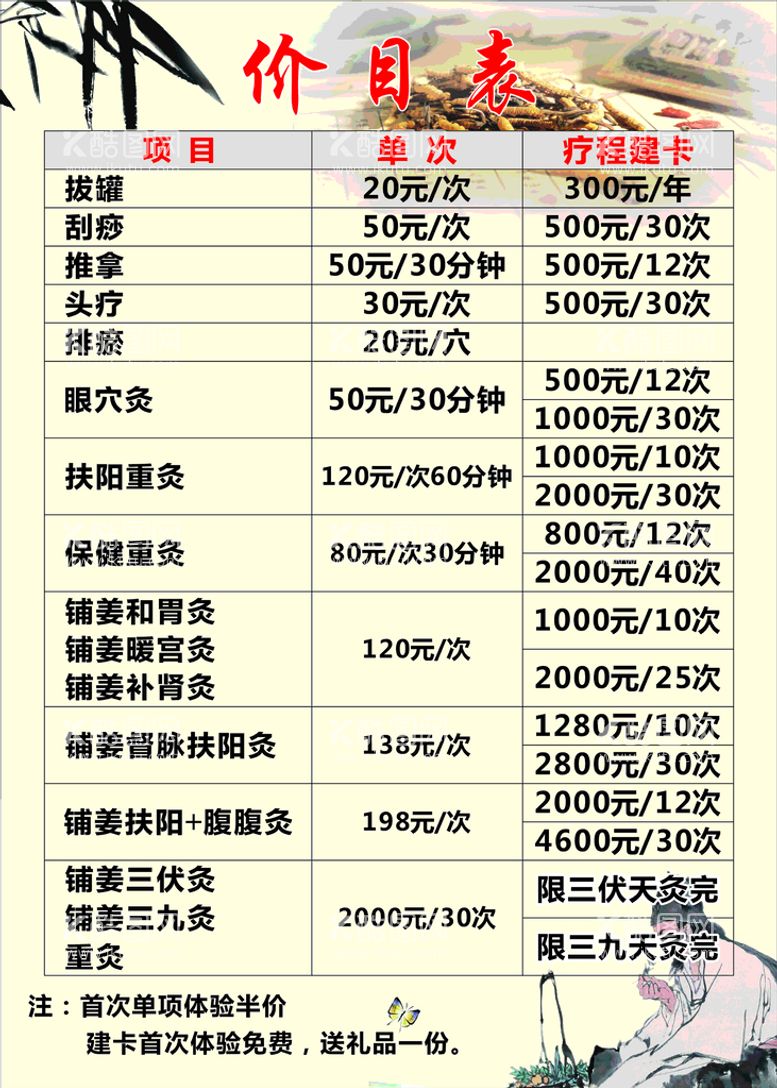 编号：96627011190512044583【酷图网】源文件下载-价格表 价目表 艾灸