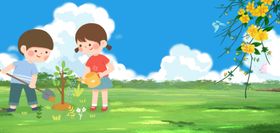 儿童在草地愉快植树场景