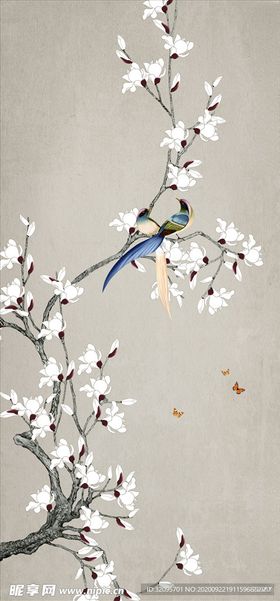 花鸟画玉兰长尾鸟玄关图