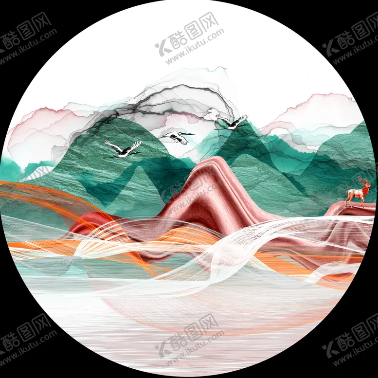 编号：16463711212022164959【酷图网】源文件下载-水墨湖畔山脉圆形挂画装饰画
