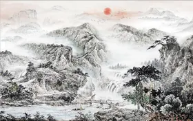 中式青绿山水国画电视背景墙