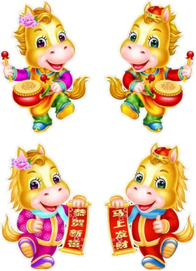 四款可爱马卡通拜年的素材