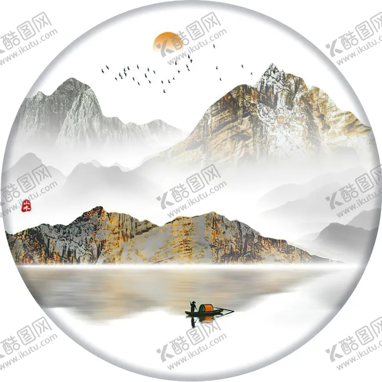 编号：16395201270630373099【酷图网】源文件下载-新中式圆形简约山水画