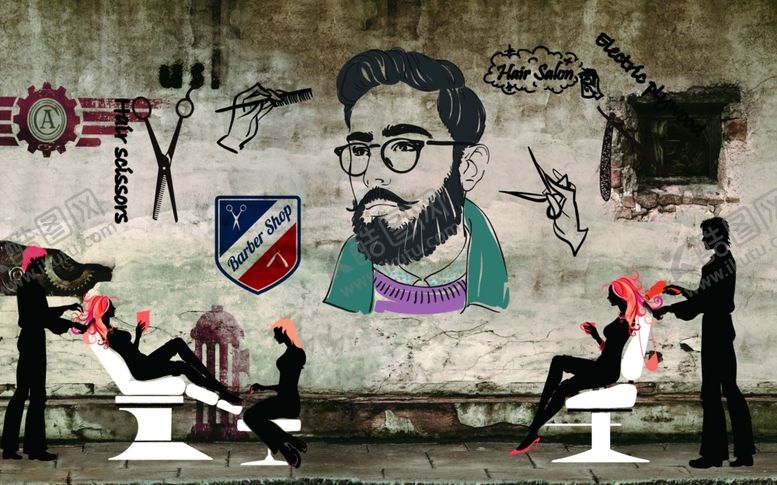 编号：72288309242003185867【酷图网】源文件下载-理发店美发店背景墙