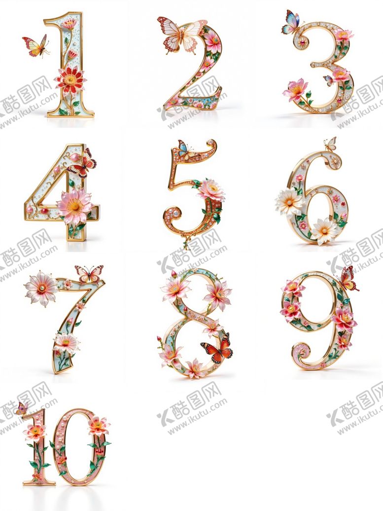 编号：39932409112144383024【酷图网】源文件下载-精美花卉装饰数字集合