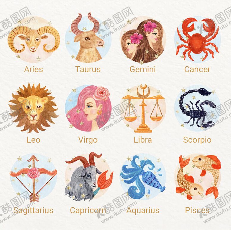 编号：32265210210253362257【酷图网】源文件下载-十二星座可爱卡通形象展示