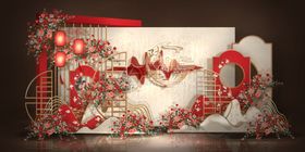 现代感新中式红色婚礼迎宾区效果