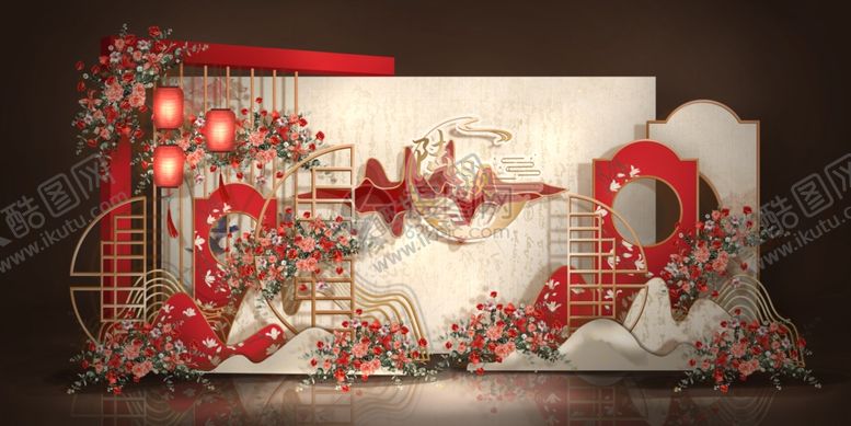 编号：24907406181012204292【酷图网】源文件下载-现代感新中式红色婚礼迎宾区效果