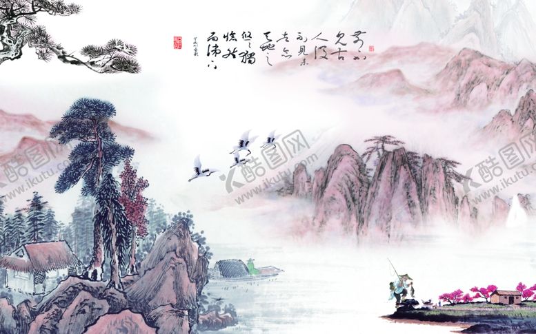 编号：57048009210843348326【酷图网】源文件下载-水墨山水松树中式背景墙