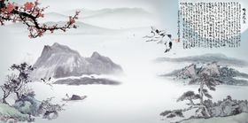 水墨山水白鹤仙鹤远松树