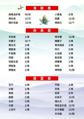 烧烤烤串菜单价目表