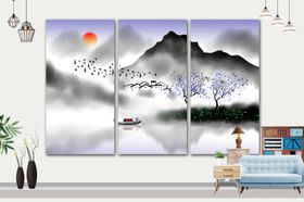 山水画背景墙设计无框家居挂床头