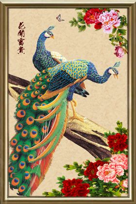 富贵牡丹孔雀玄关画