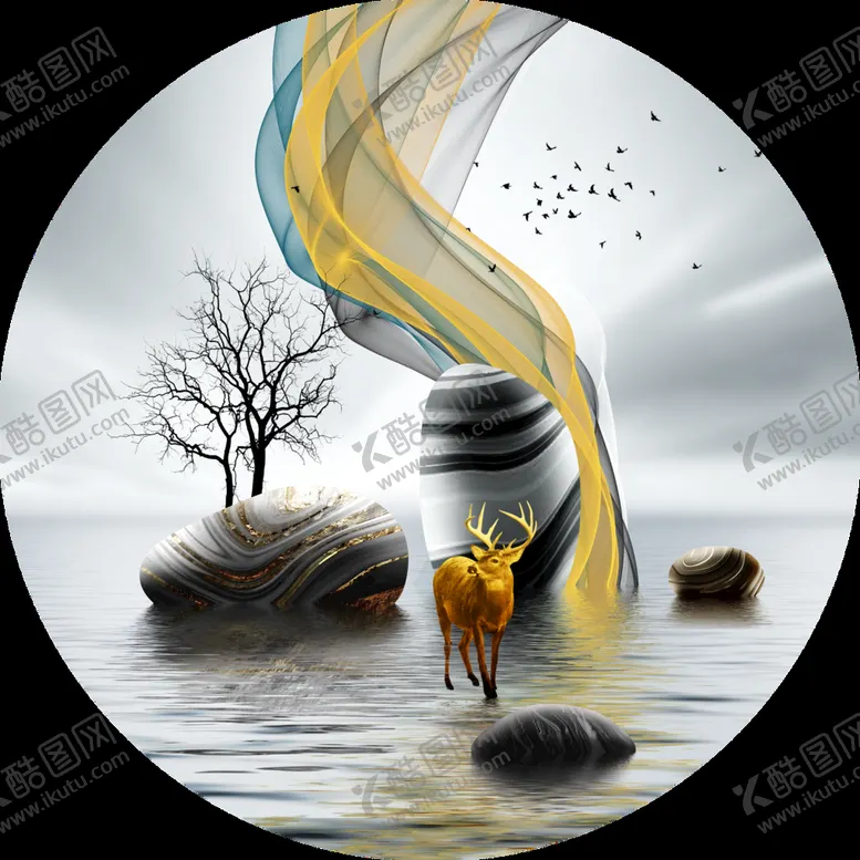 编号：48056310050405056951【酷图网】源文件下载-中式湖泊石头艺术挂画装饰画