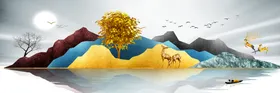金色麋鹿意境山水装饰画现代简约圆形
