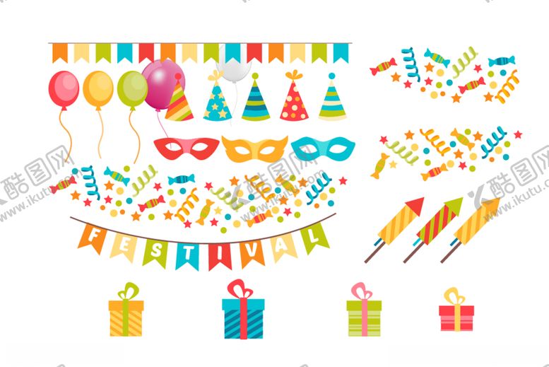 编号：77629004282032586281【酷图网】源文件下载-手绘气球彩旗礼物生日设计元素
