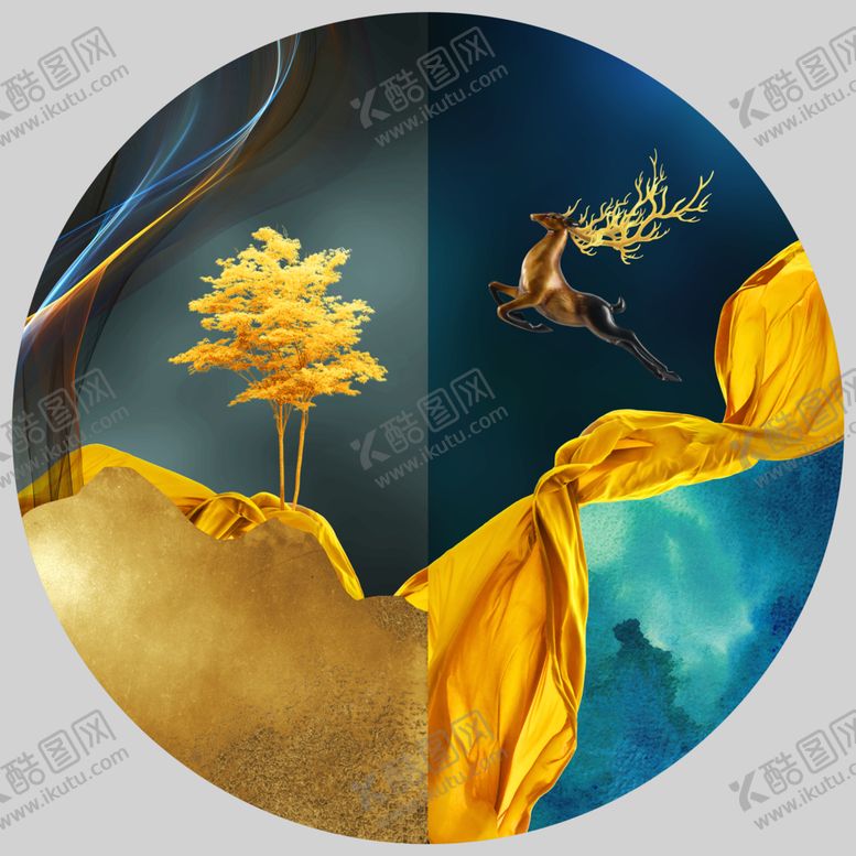 编号：72836110190525299977【酷图网】源文件下载-新中式金色丝绸麋鹿装饰画