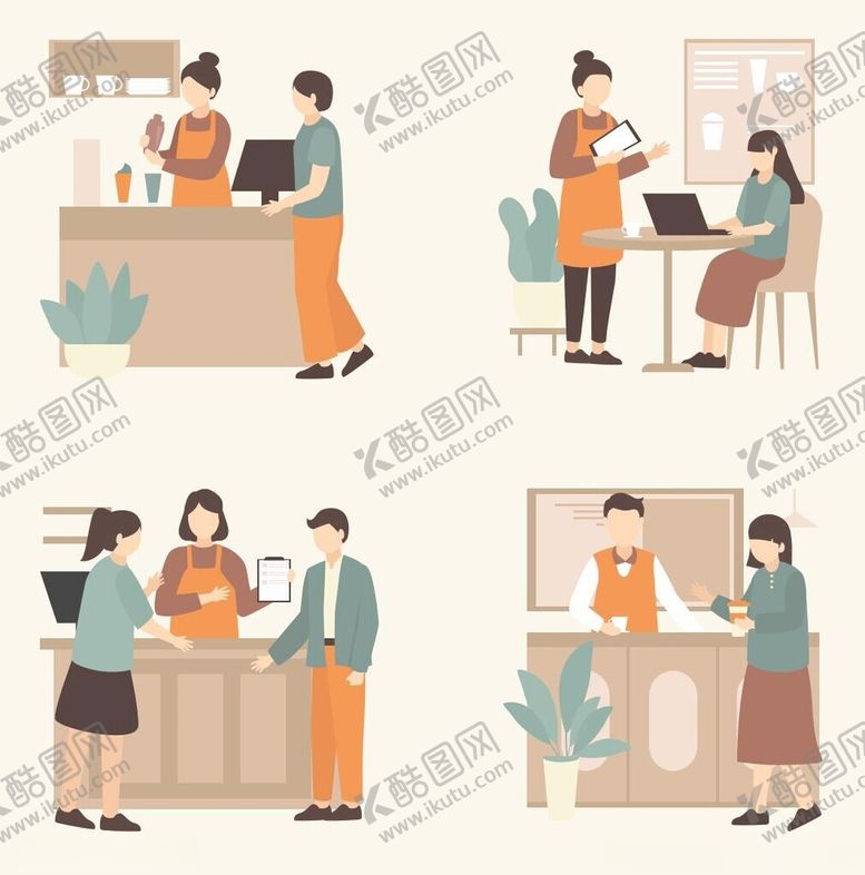编号：93318206290819476236【酷图网】源文件下载-咖啡店员工服务场景插画