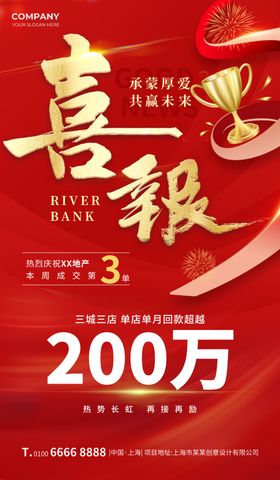 喜报业绩突破奖杯红色简约海报