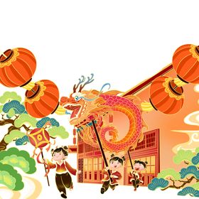 国潮风卡通新年新春舞龙舞狮