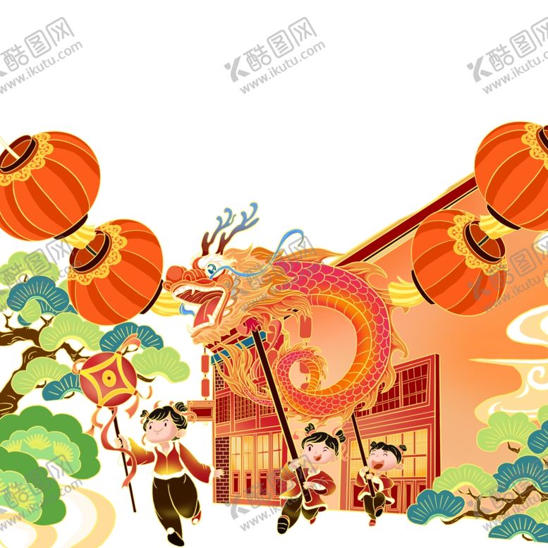 编号：50773104040555361796【酷图网】源文件下载-国潮风卡通新年新春舞龙舞狮