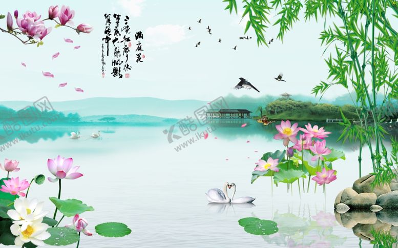 编号：69849405190122522817【酷图网】源文件下载-湖泊荷花背景墙