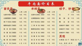 牛肉面价目表