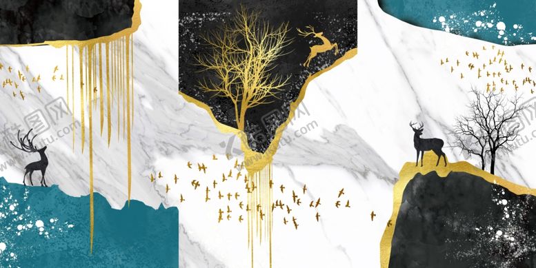 编号：51863909090312143911【酷图网】源文件下载-新中式麋鹿山水二联画