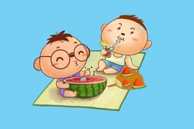手绘冰爽夏日吃西瓜喝饮料的小男