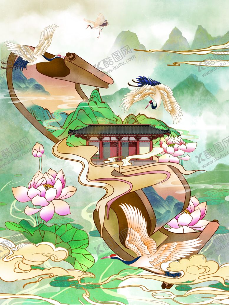 编号：96643004050110241461【酷图网】源文件下载-工笔风山水风景画卷国潮插画