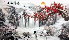 水墨山水梅花鹤背景墙