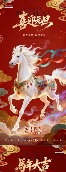 马年元旦春节线描国潮插画海报