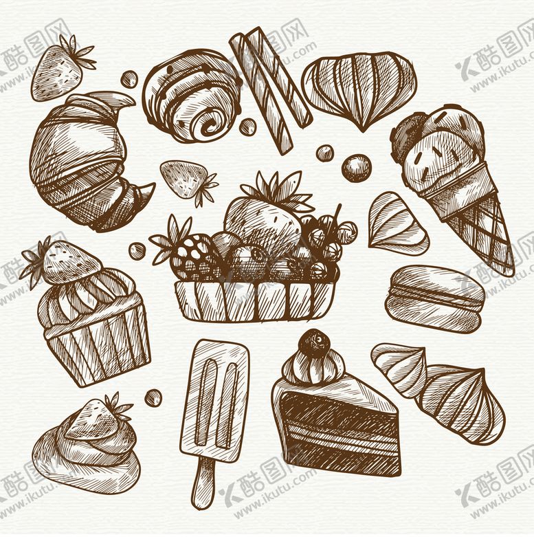 编号：83643110181502211677【酷图网】源文件下载-素描风矢量手绘食物甜点蛋糕面包