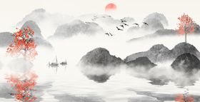 水墨山水画意境巨幅背景墙