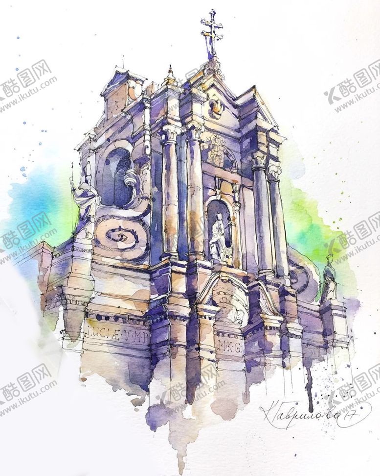 编号：24874506261833296041【酷图网】源文件下载-手绘建筑上色线稿分解