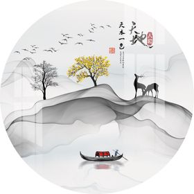 新中式山水线条圆形装饰画