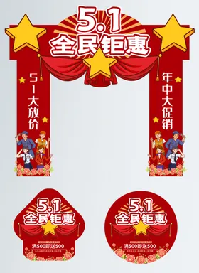 红色复古风五一劳动节门头地贴