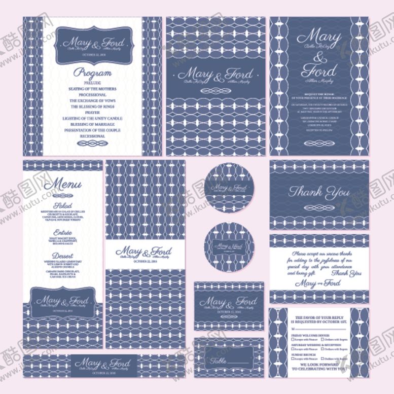 编号：82374904032207549865【酷图网】源文件下载-蓝色系婚礼纸品设计模板