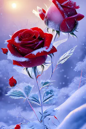 玫瑰花红色雪地卉下雪