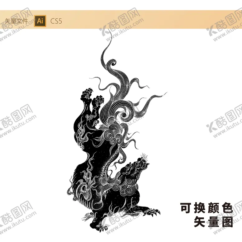 中式麒麟线稿图案版画矢量