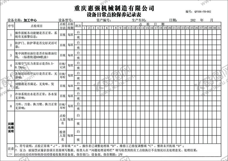 编号：41816202261049379554【酷图网】源文件下载-检点保养记录表