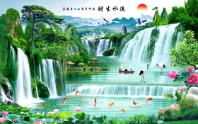 流水生财壁画背景墙风景壁画手绘画