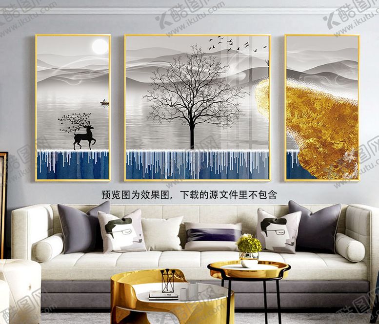 编号：61389209180556028925【酷图网】源文件下载-简约水墨风景画大树麋鹿三联画